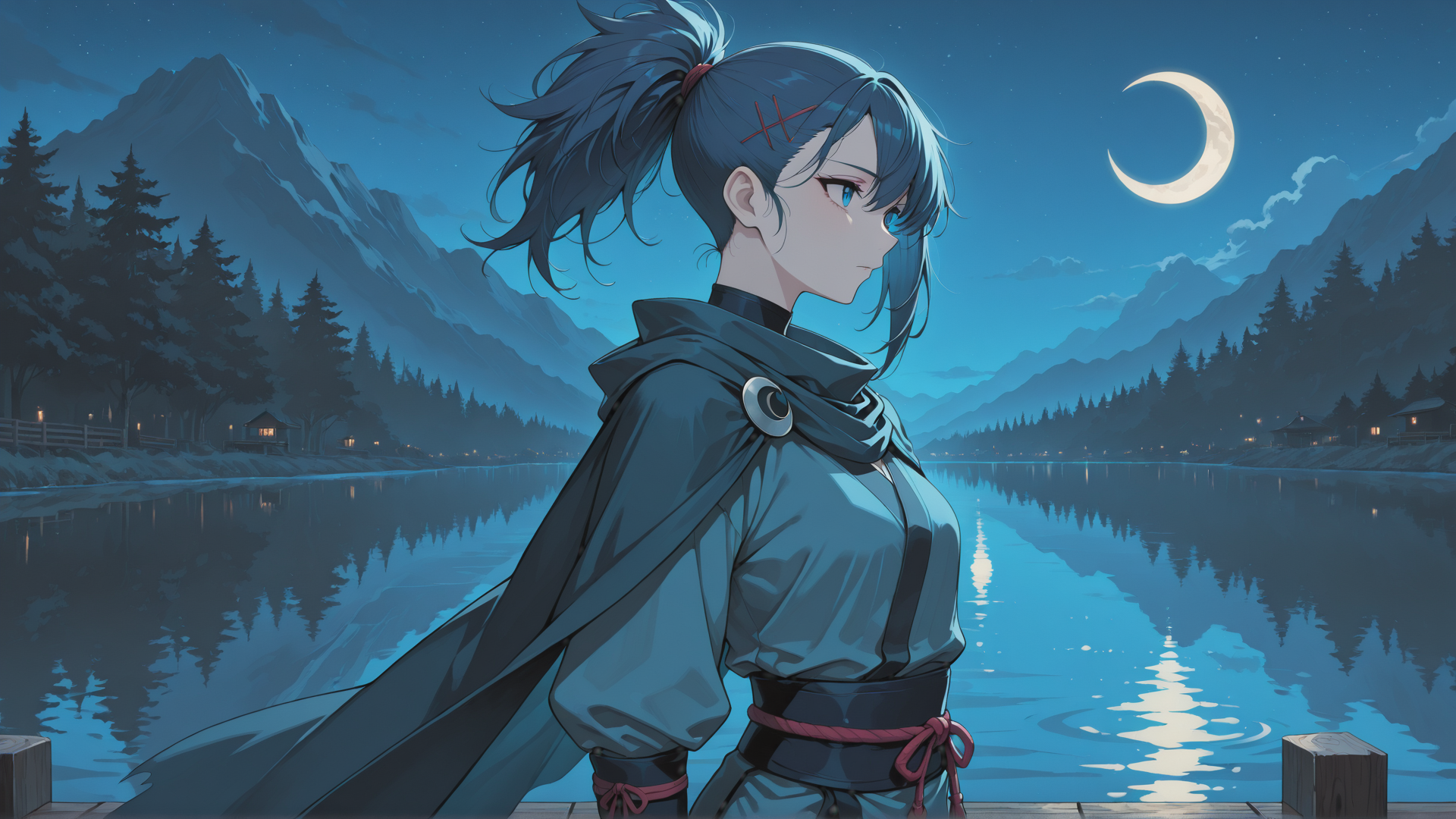 AI generated wallpaper featuring girl, lake, mountains, moon, trees