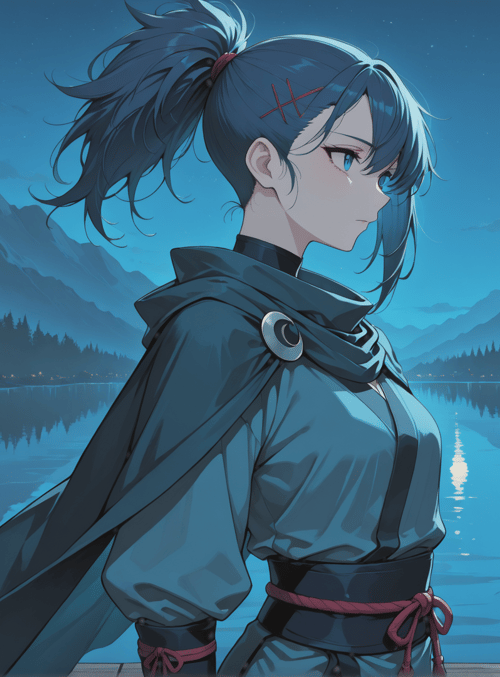 girl, lake, mountains, moon, trees