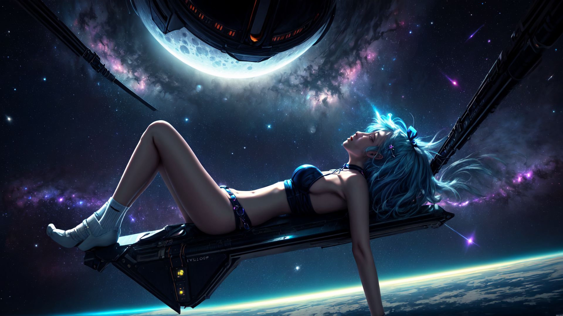 AI generated wallpaper featuring woman, space, astronaut, moon, galaxy, spaceship, planet