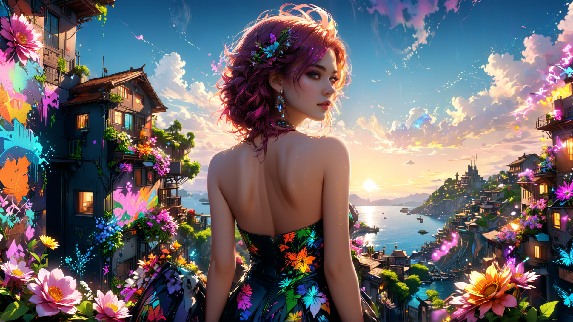 AI generated wallpaper featuring woman, cityscape, flowers