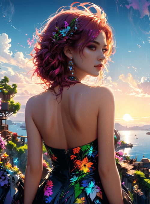 woman, cityscape, flowers