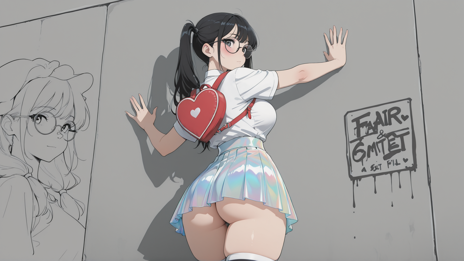 AI generated wallpaper featuring girl, wall, heart bag, skirt, glasses