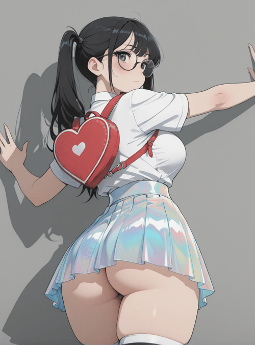 girl, wall, heart bag, skirt, glasses