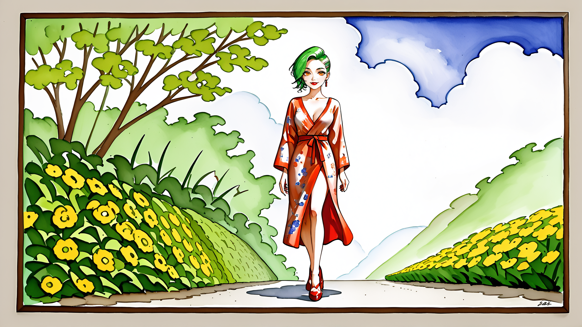 AI generated wallpaper featuring woman, kimono, flowers, trees, sky
