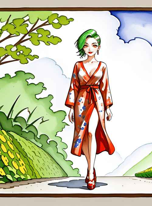 woman, kimono, flowers, trees, sky