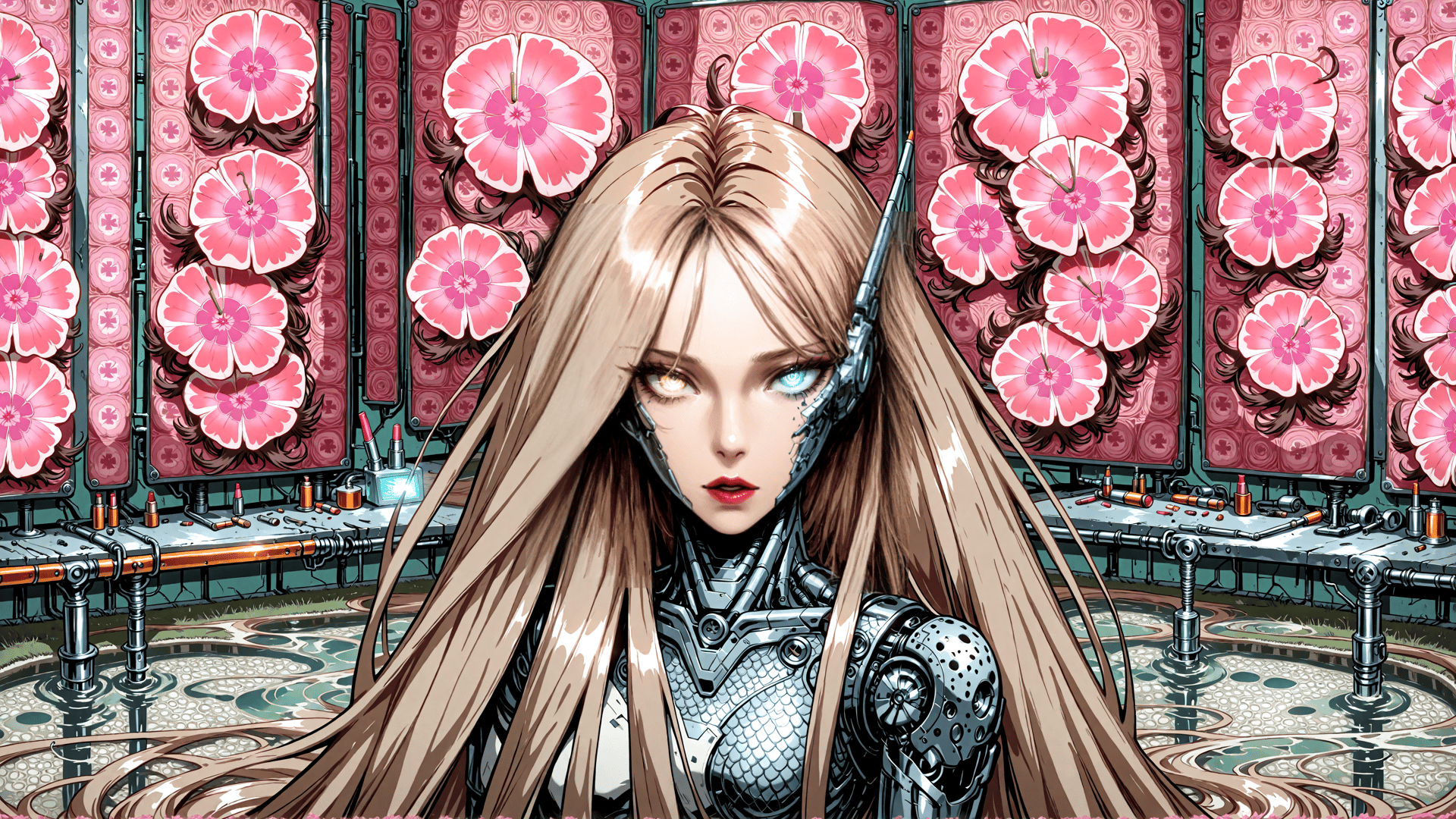 AI generated wallpaper featuring cyborg, woman, flowers, mechanical, long hair