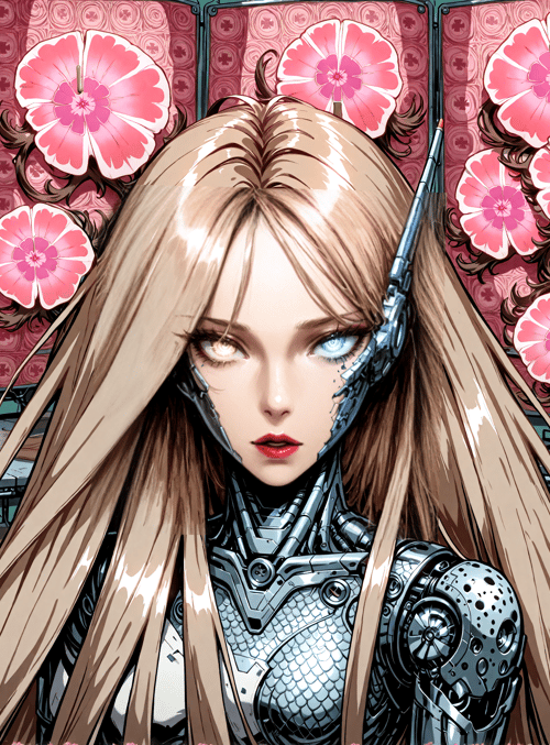 cyborg, woman, flowers, mechanical, long hair