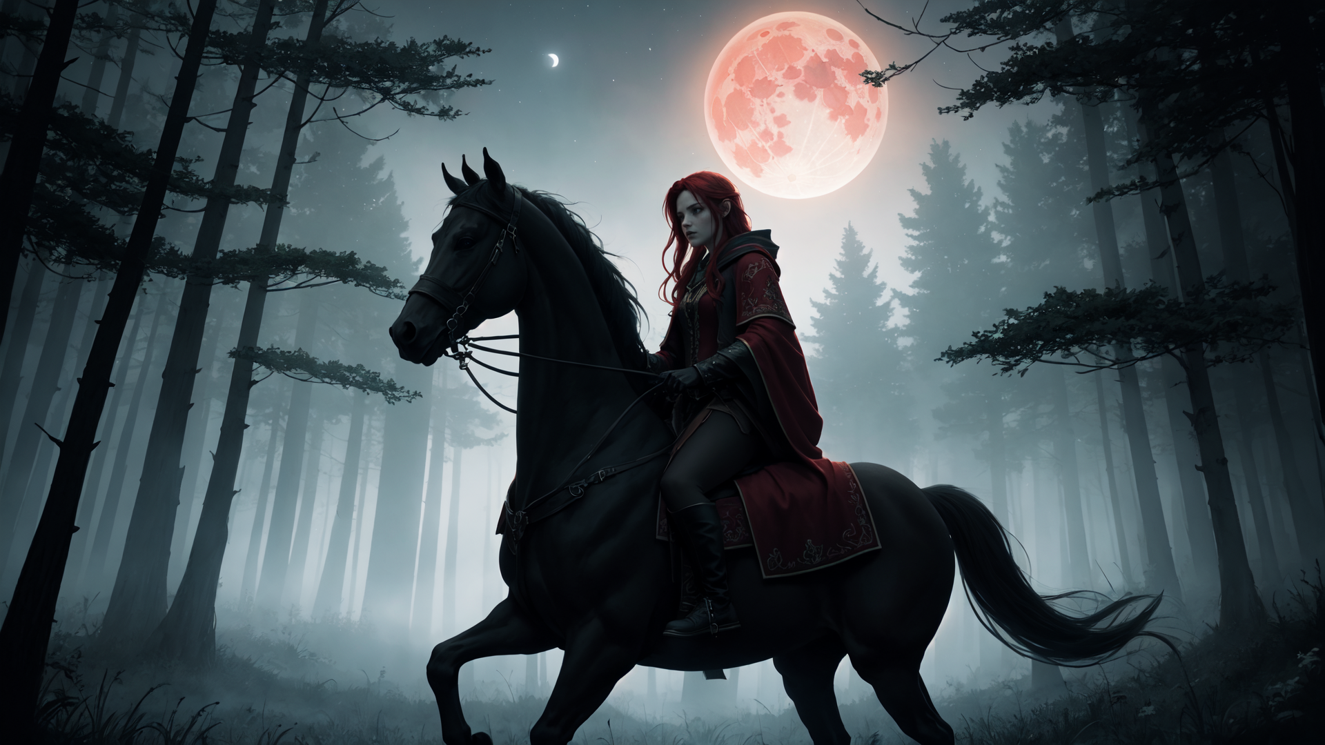 AI generated wallpaper featuring woman, horse, forest, moon
