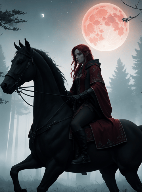 woman, horse, forest, moon