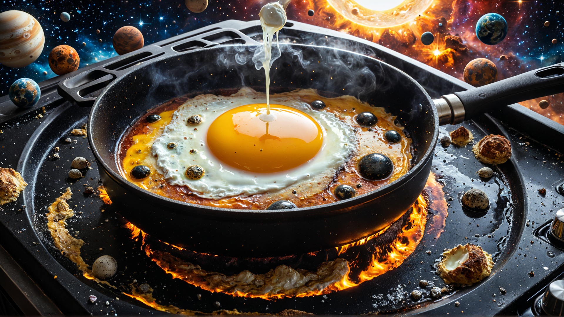 AI generated wallpaper featuring egg, pan, space