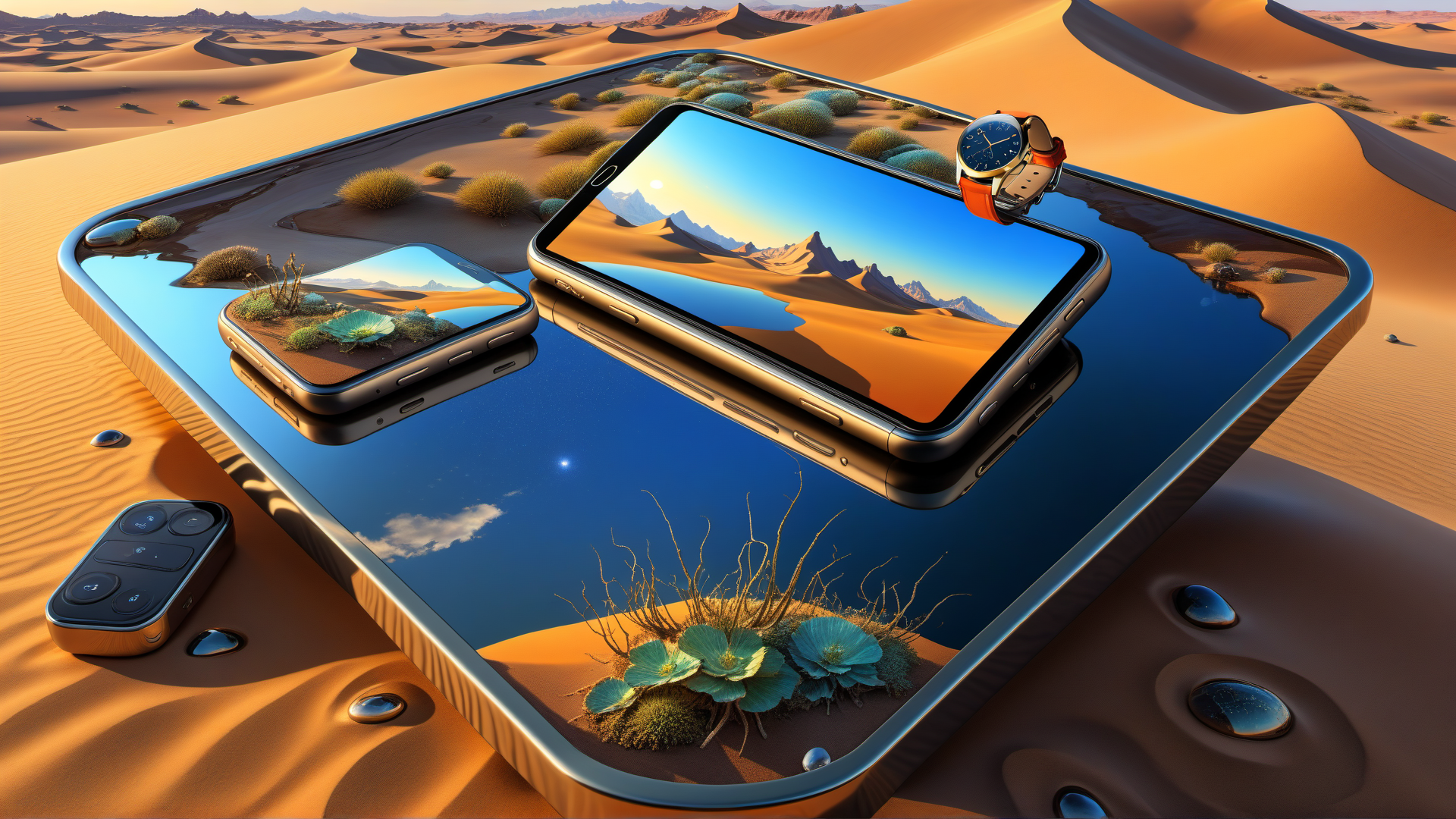 AI generated wallpaper featuring smartphone, watch, remote