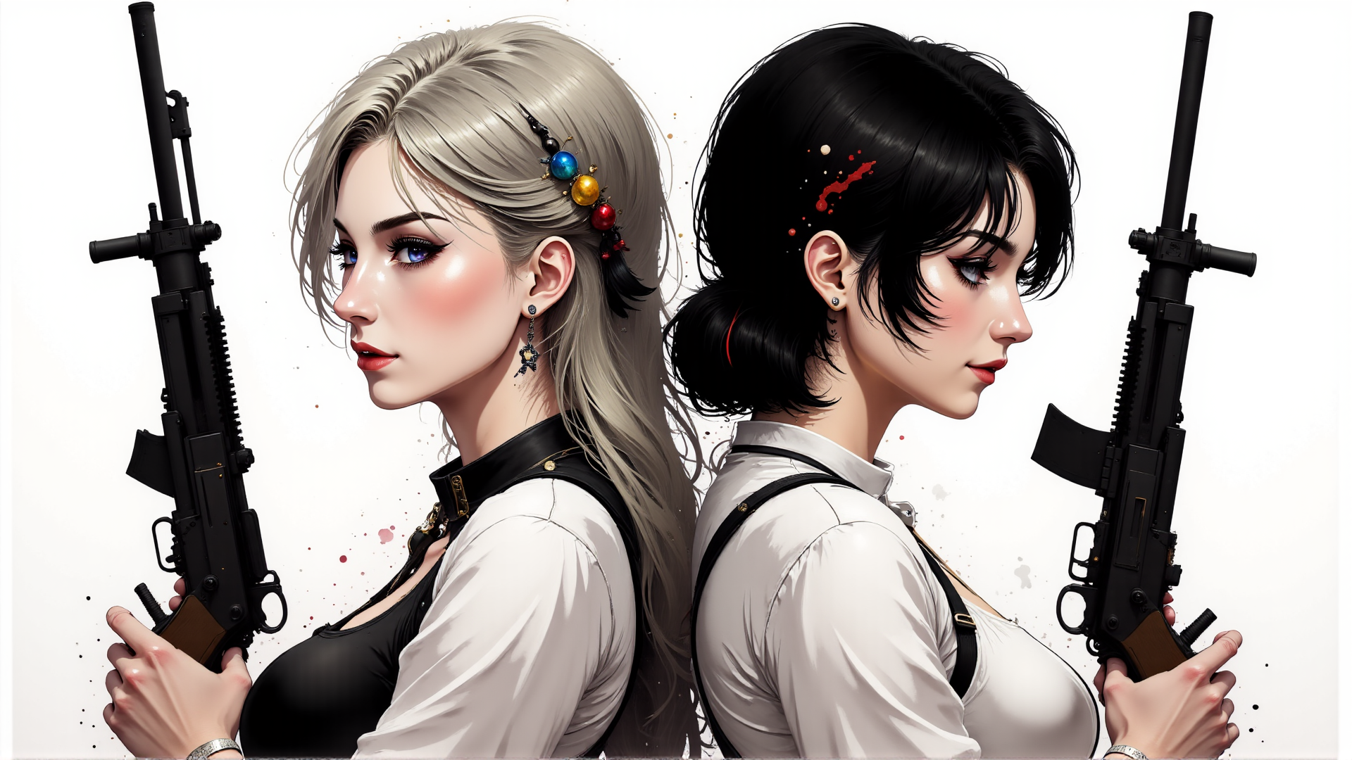 AI generated wallpaper featuring women, guns, hair, earrings, back, uniform