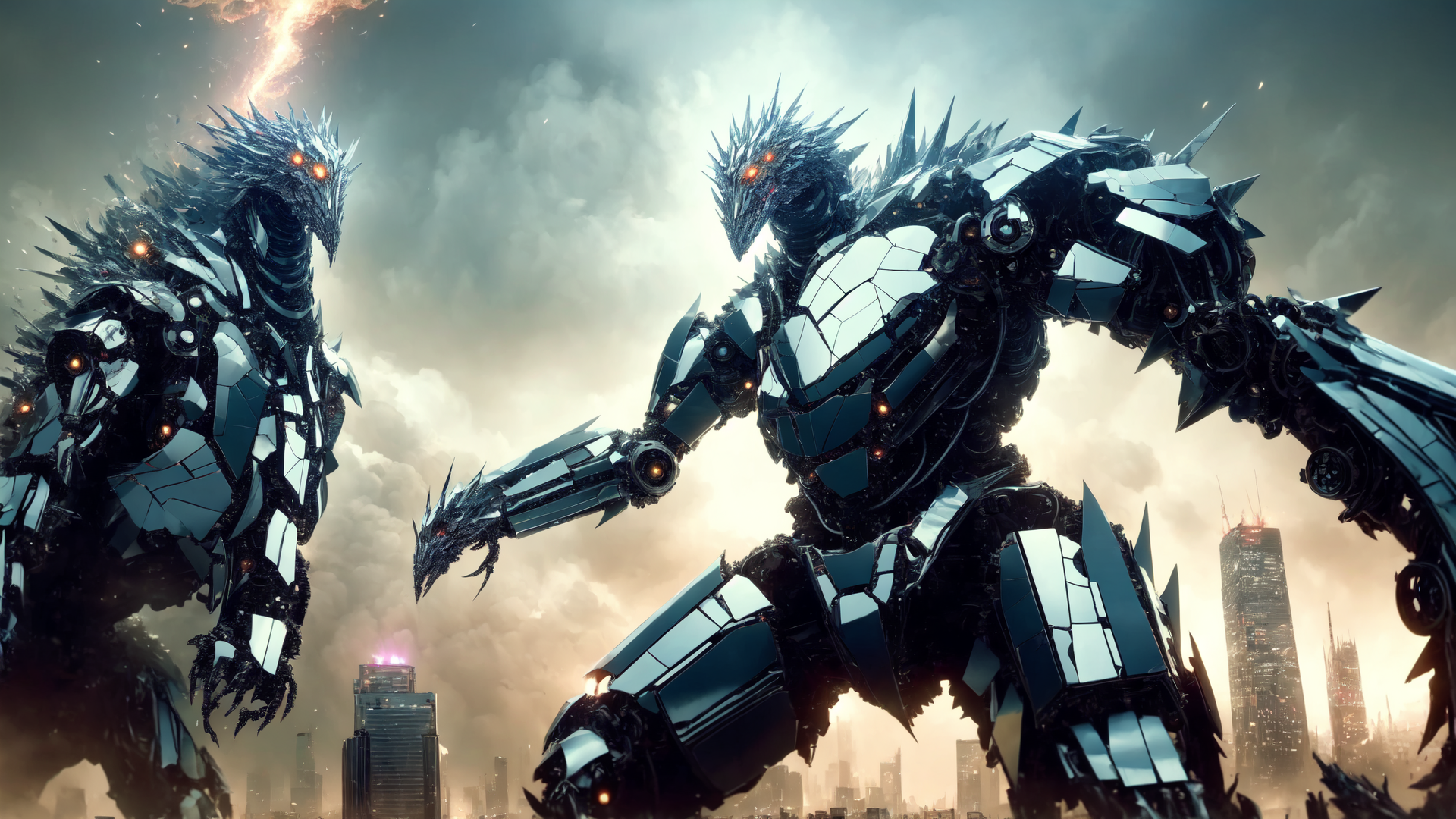AI generated wallpaper featuring robot, mecha, giant, dragon, machine, warrior, armor, scales, cityscape, sky