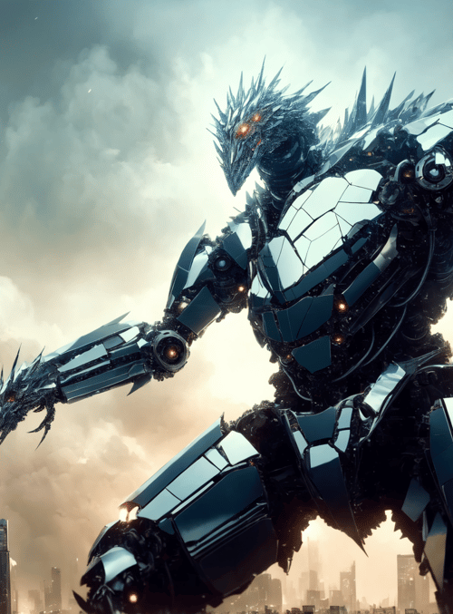 robot, mecha, giant, dragon, machine, warrior, armor, scales, cityscape, sky
