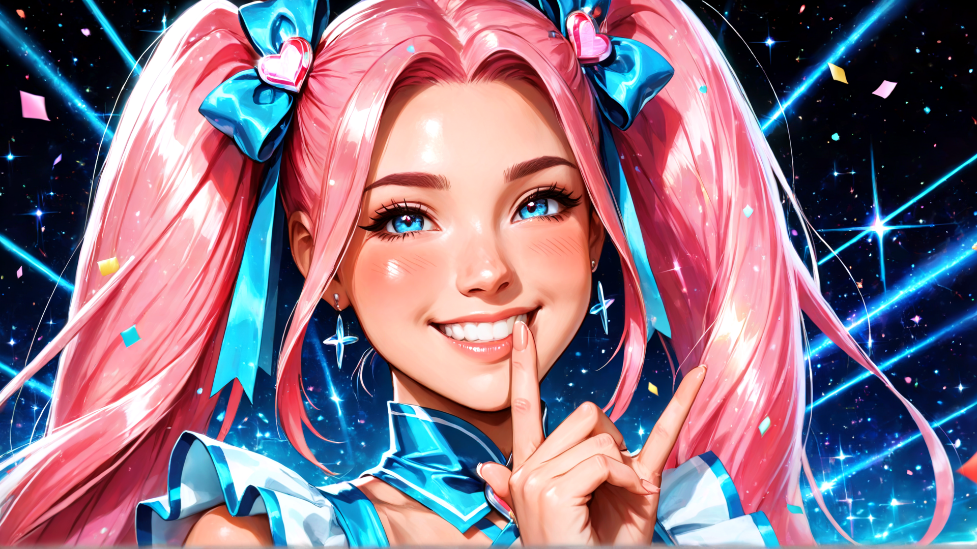 AI generated wallpaper featuring girl, ponytail, bow, star, confetti, finger, earring, gloves, dress, hair