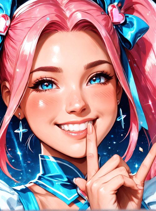 girl, ponytail, bow, star, confetti, finger, earring, gloves, dress, hair