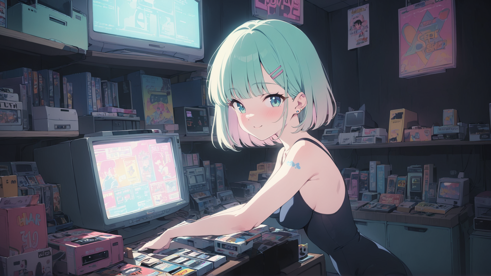 AI generated wallpaper featuring anime girl, retro store, games