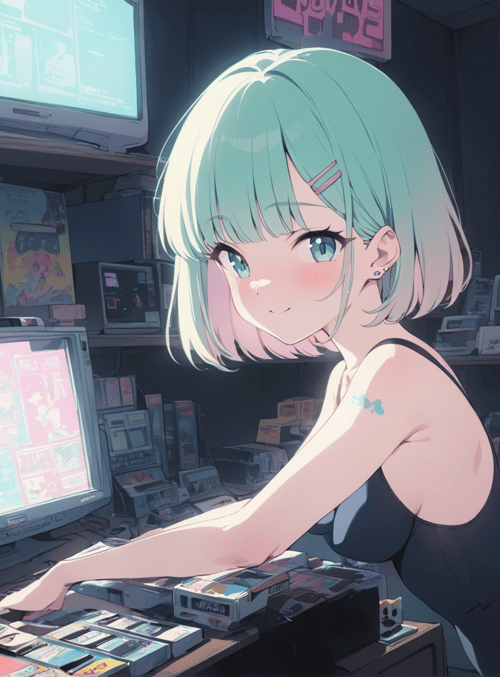 anime girl, retro store, games