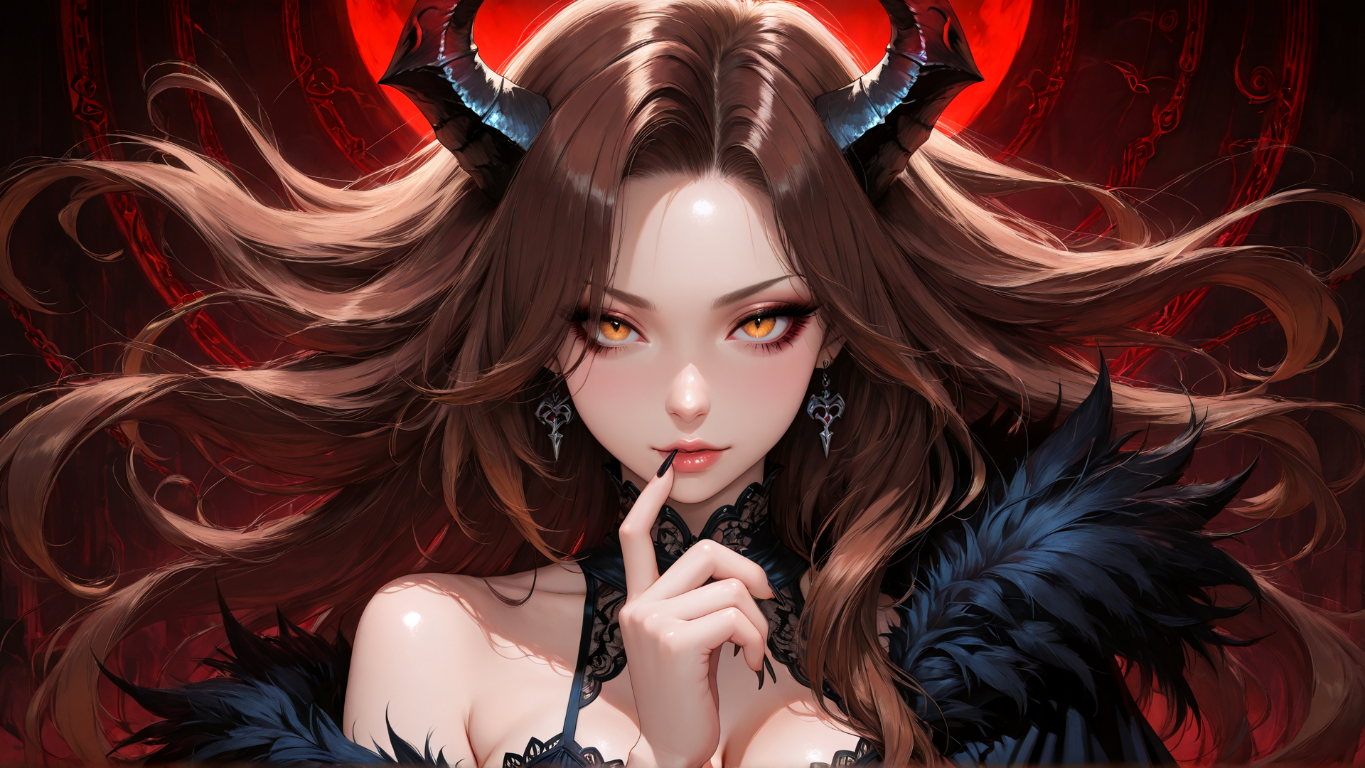 AI generated wallpaper featuring devil, woman, horn, feather, earring, hair, lips, nail, lace, choker