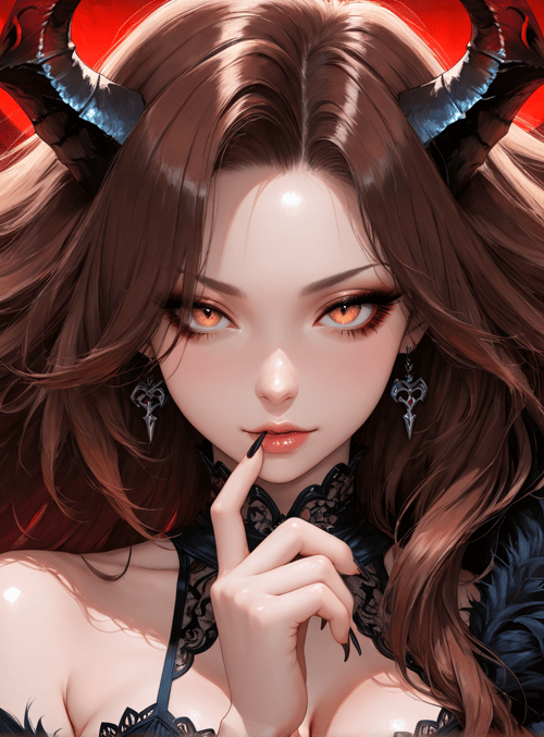 devil, woman, horn, feather, earring, hair, lips, nail, lace, choker