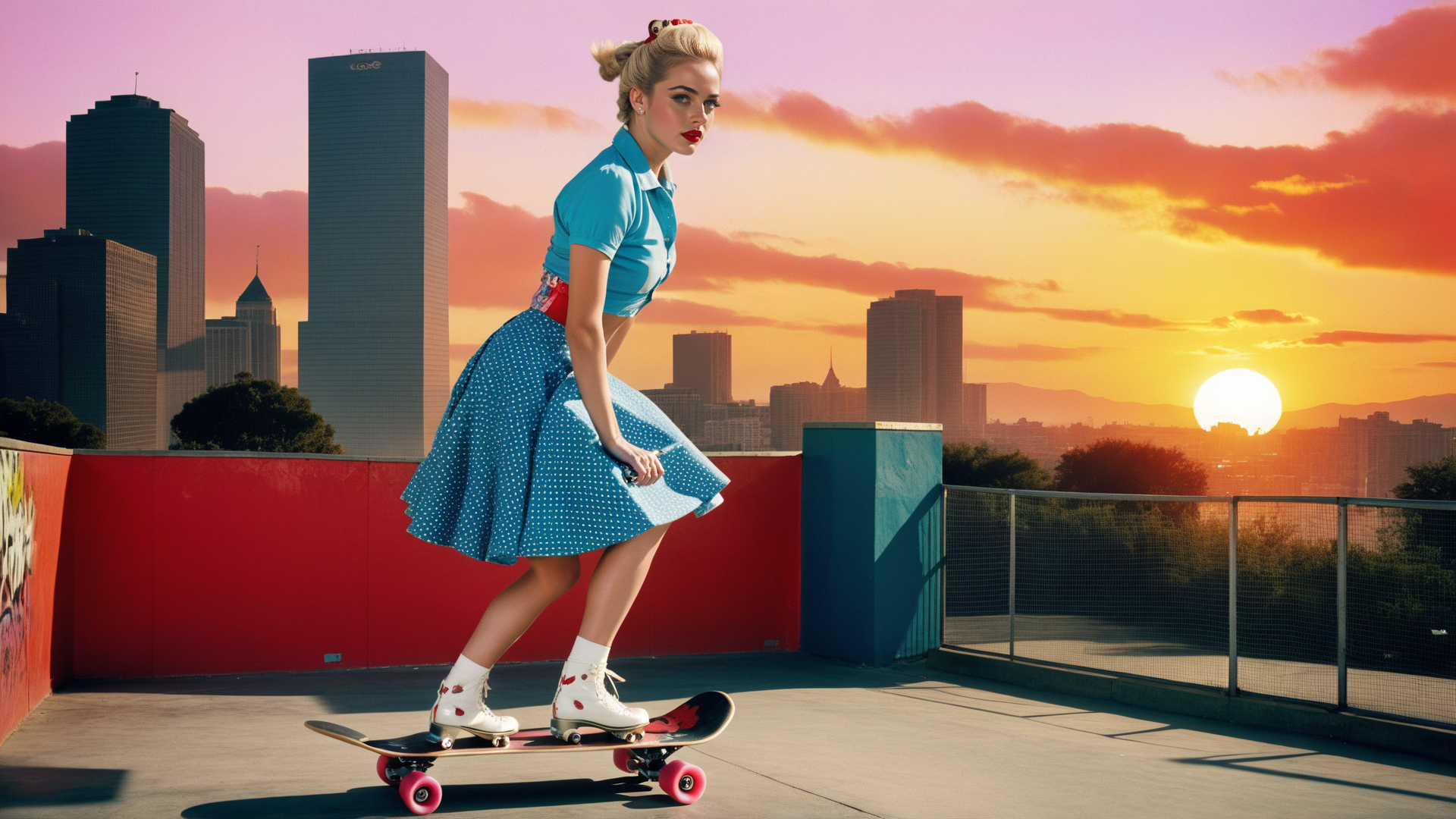 AI generated wallpaper featuring skateboarder, cityscape, sunset