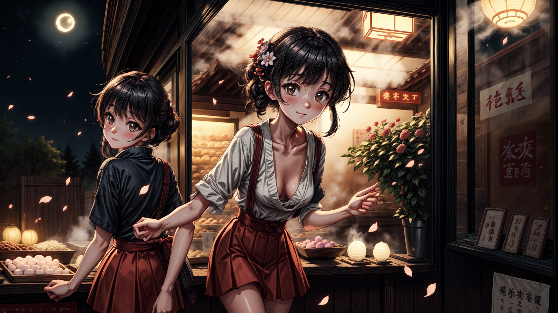 AI generated wallpaper featuring girls, bakery, moon, cherry blossoms, lanterns, doughnuts, buns, flowers, signs, food