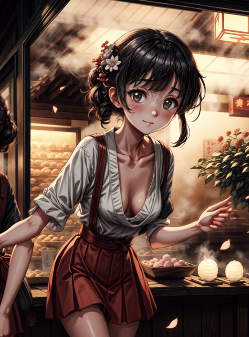 girls, bakery, moon, cherry blossoms, lanterns, doughnuts, buns, flowers, signs, food