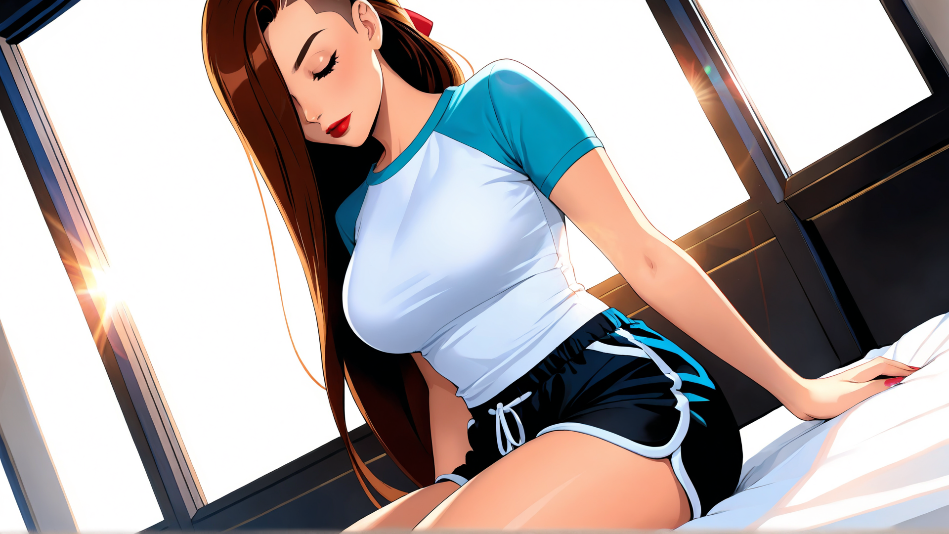AI generated wallpaper featuring woman, bed, window, shorts, t-shirt, hair