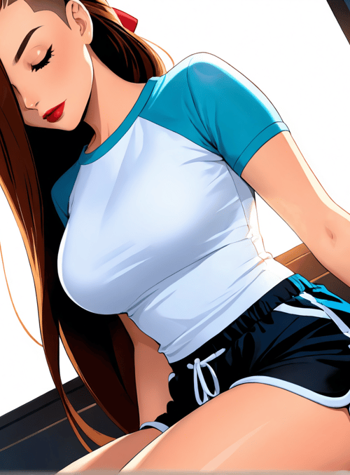 woman, bed, window, shorts, t-shirt, hair