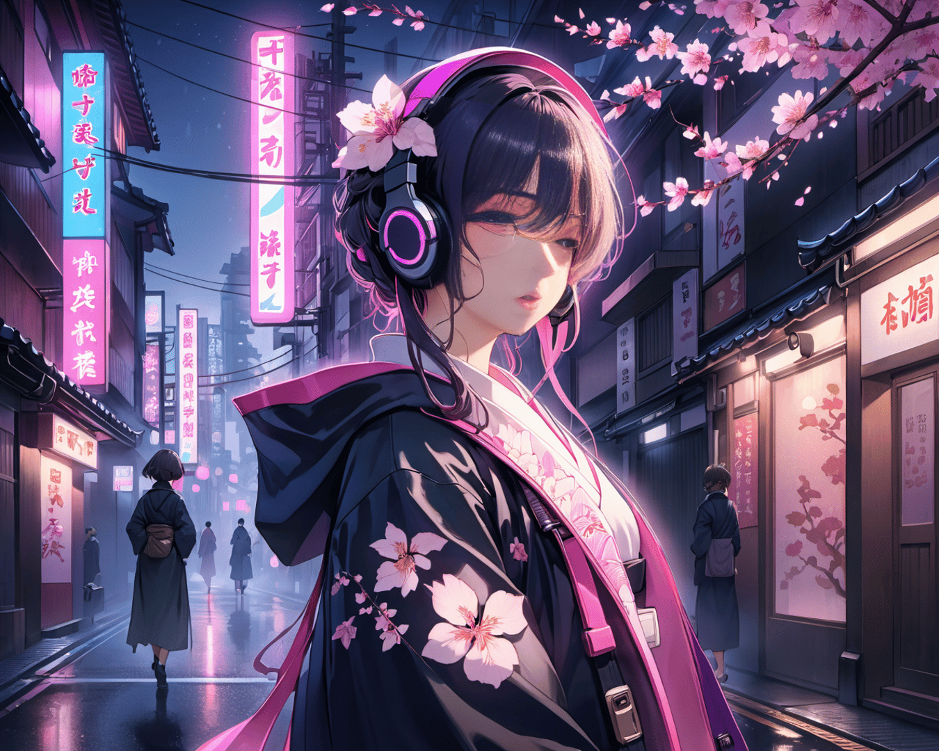 AI generated wallpaper featuring girl, headphones, kimono