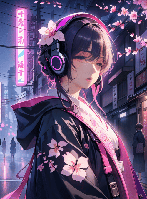 girl, headphones, kimono