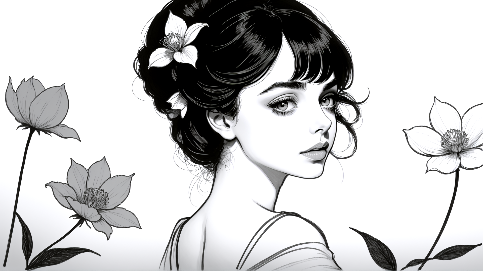 AI generated wallpaper featuring woman, flower, bouquet, hair, sketch, portrait