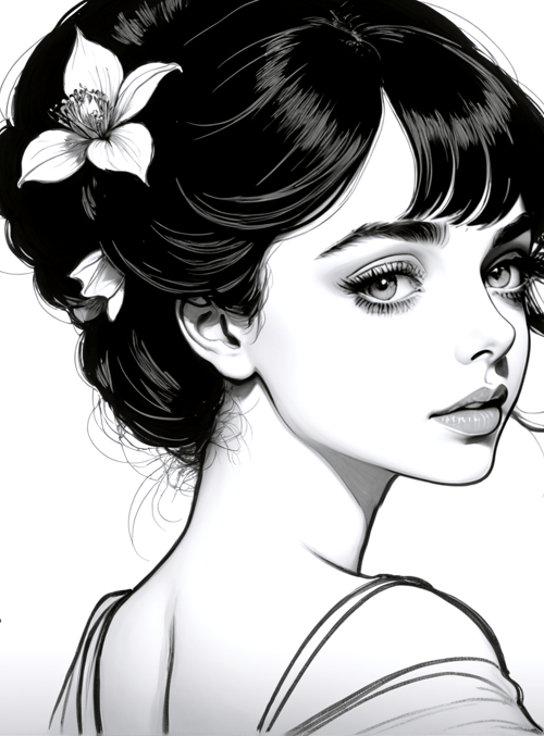 woman, flower, bouquet, hair, sketch, portrait