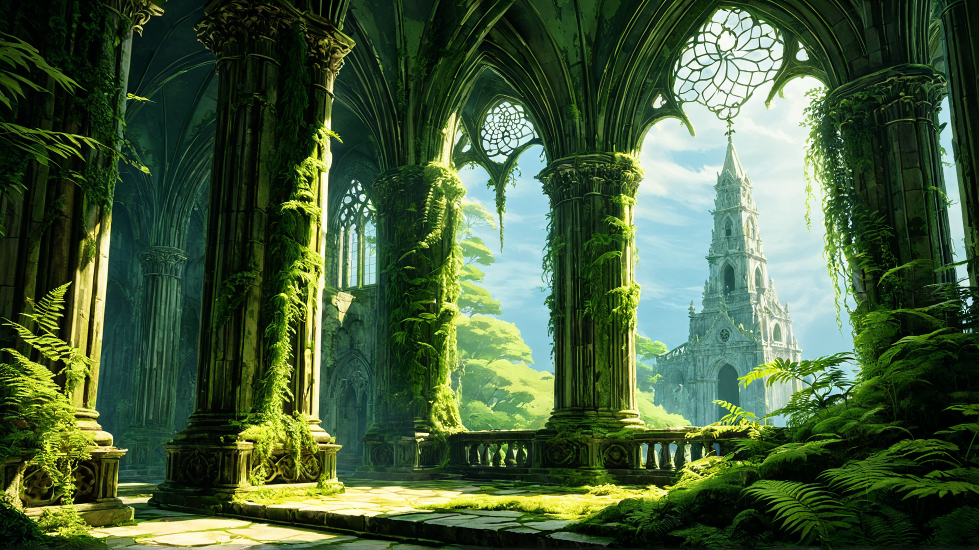 AI generated wallpaper featuring cathedral, columns, vines, ferns, stained glass, tower, stone, architecture, nature, ruins