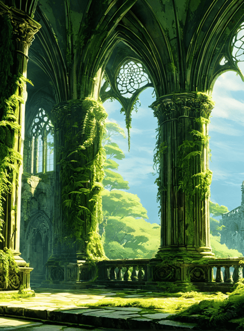 cathedral, columns, vines, ferns, stained glass, tower, stone, architecture, nature, ruins