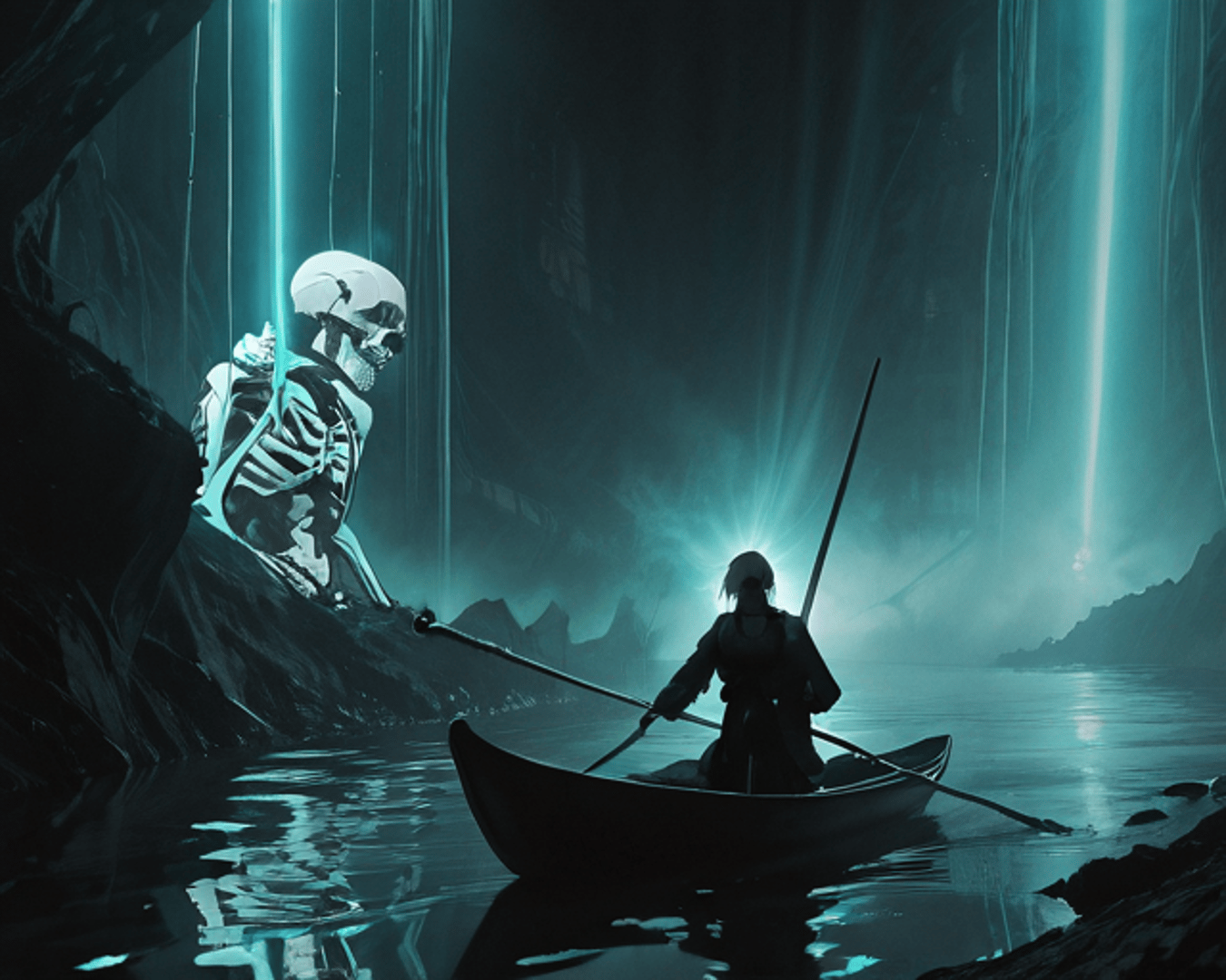 AI generated wallpaper featuring skeleton, person, canoe