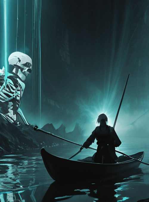 skeleton, person, canoe