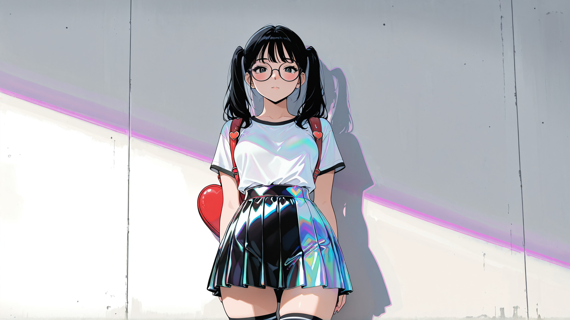AI generated wallpaper featuring girl, student, pigtails, glasses, skirt, backpack, heart, shoes