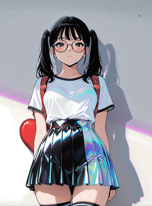 girl, student, pigtails, glasses, skirt, backpack, heart, shoes