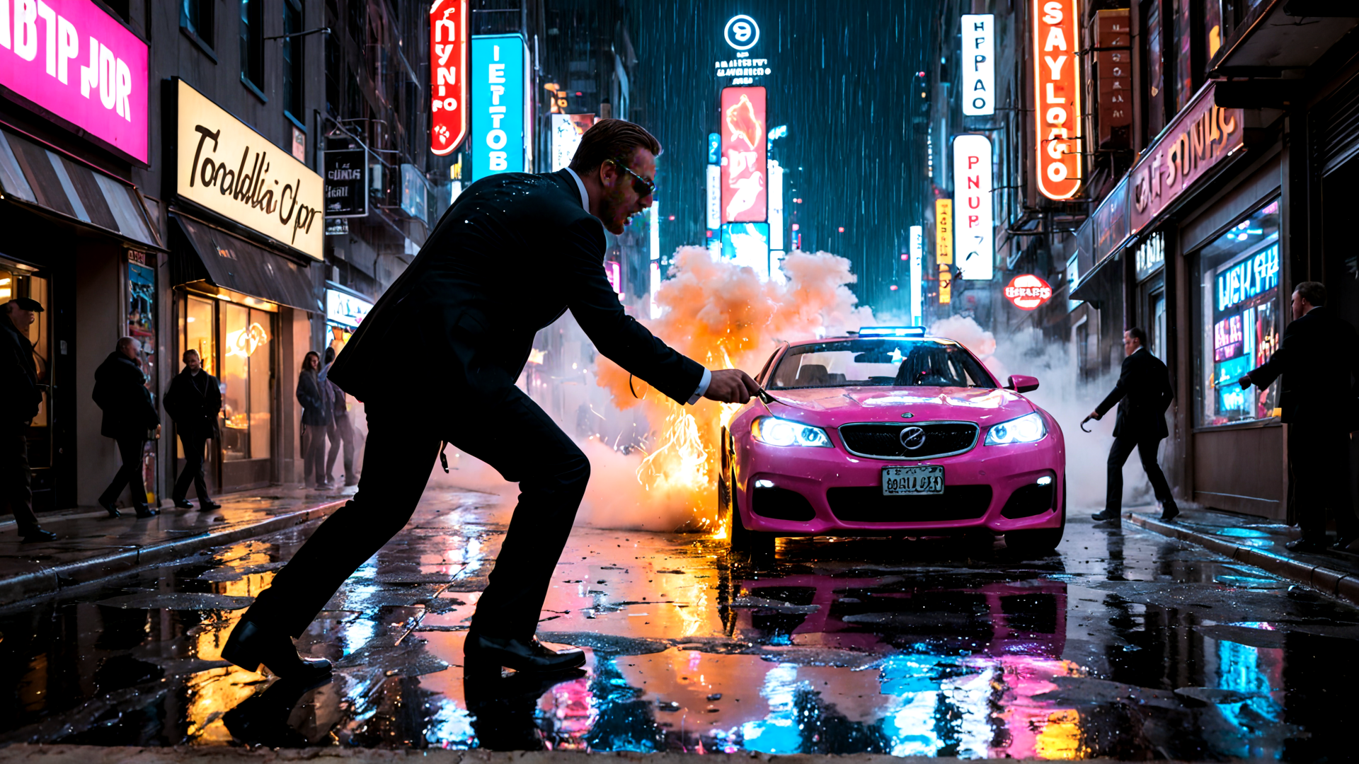 AI generated wallpaper featuring man, car, fire