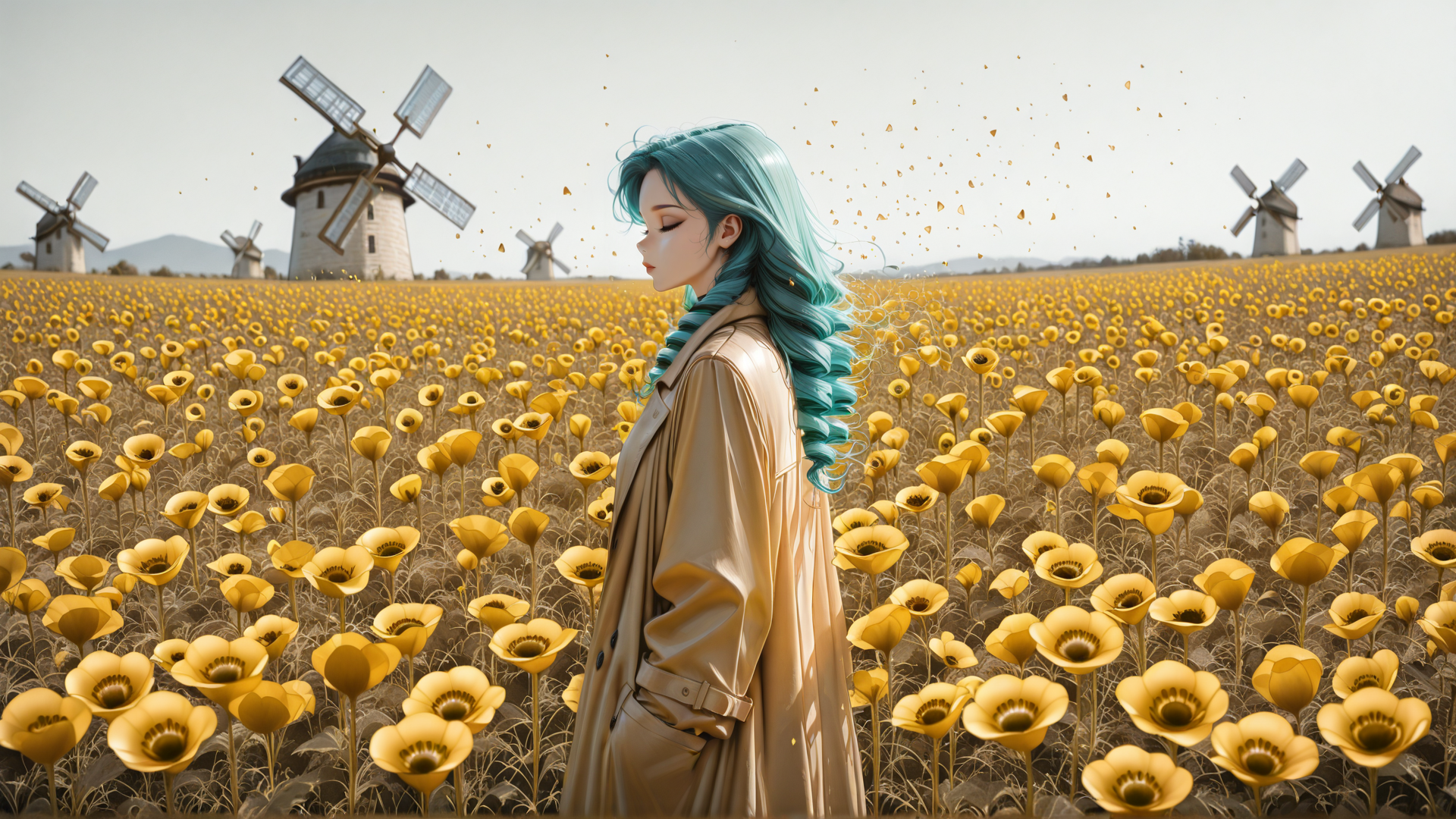 AI generated wallpaper featuring woman, flowers, windmills