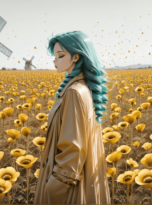 woman, flowers, windmills