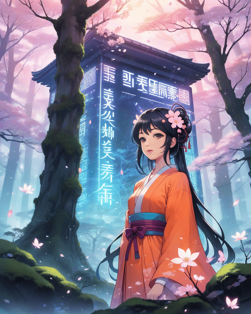 AI generated wallpaper featuring woman, cherry blossom, traditional building