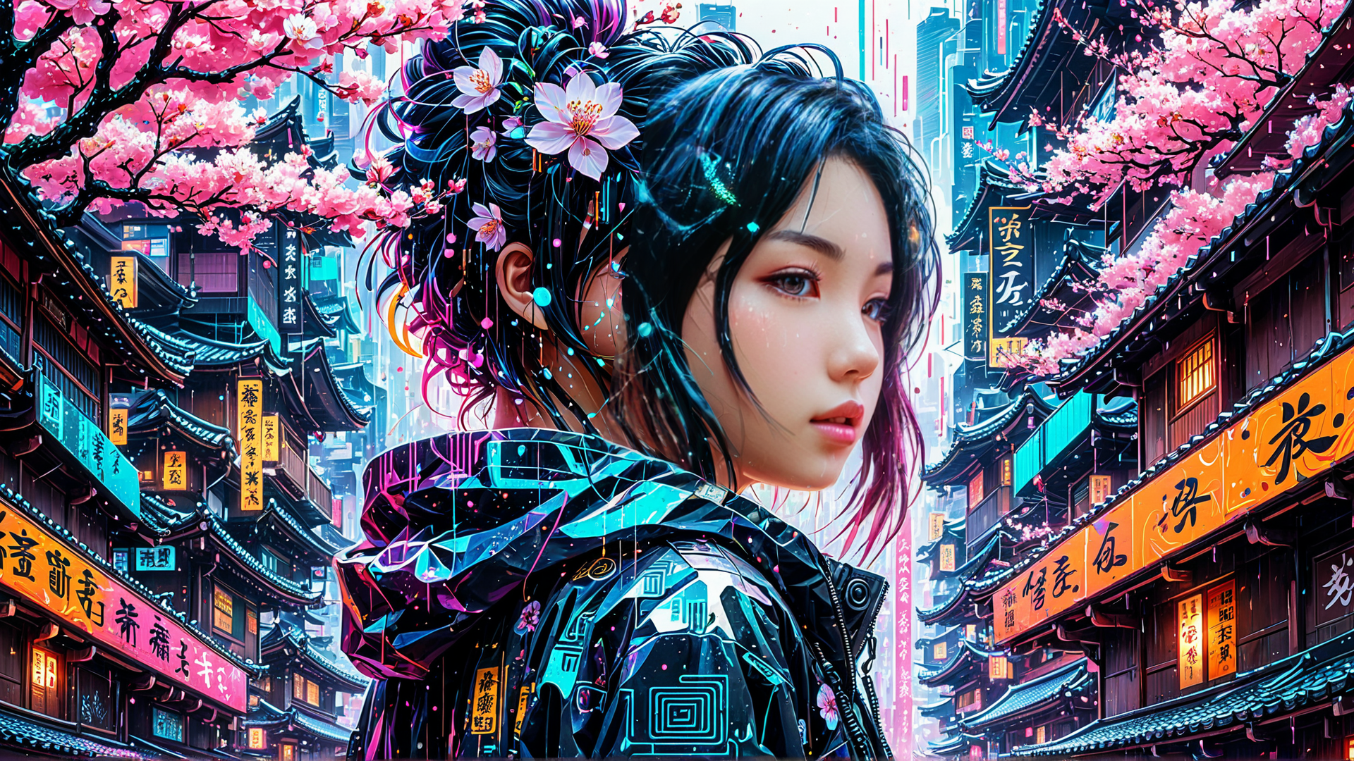 AI generated wallpaper featuring woman, cherry blossoms, traditional buildings
