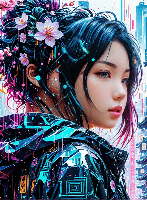 woman, cherry blossoms, traditional buildings