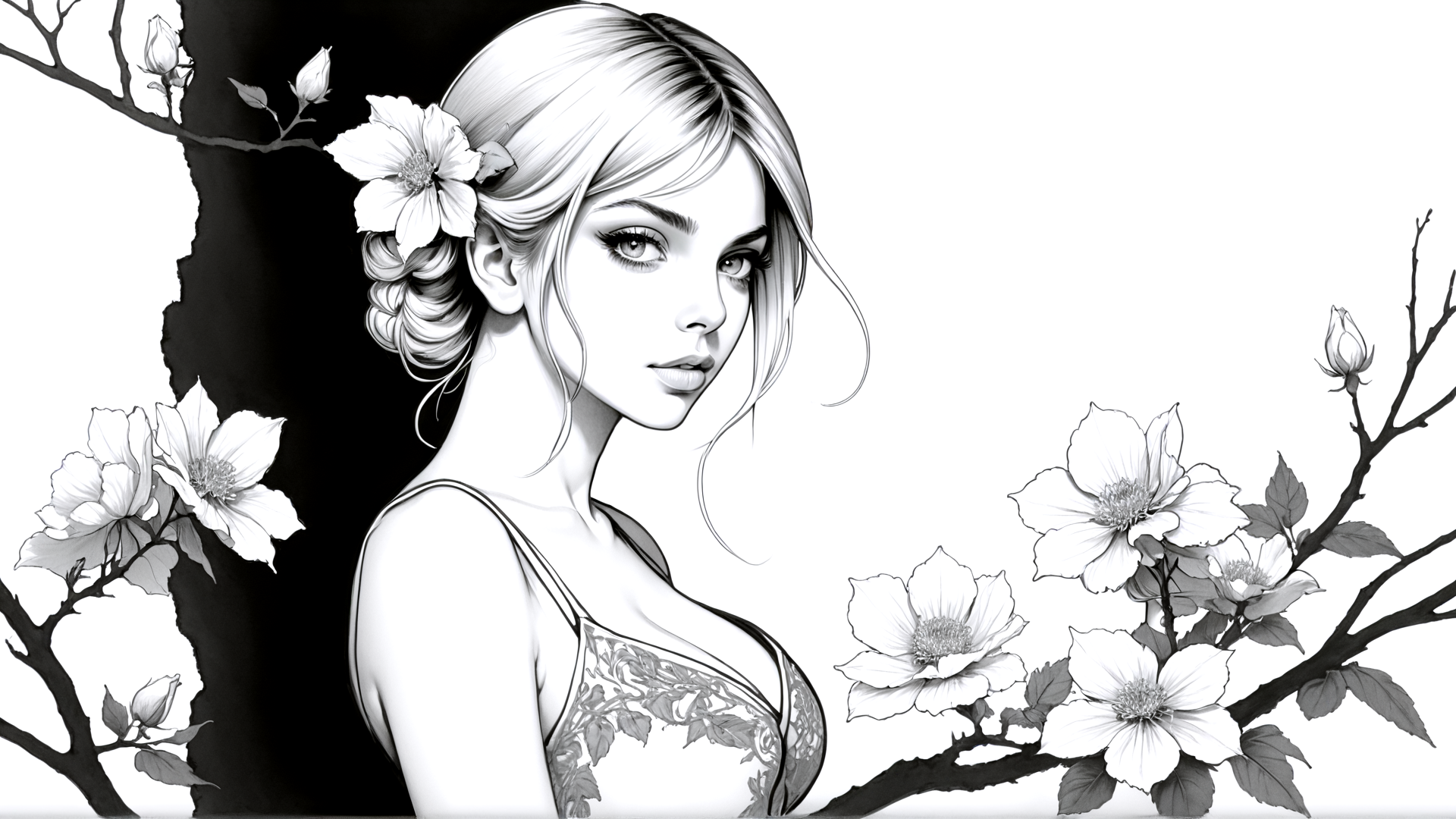 AI generated wallpaper featuring woman, flower, branch, braid, bustier, blossom, hair, leaf, bouquet, dress
