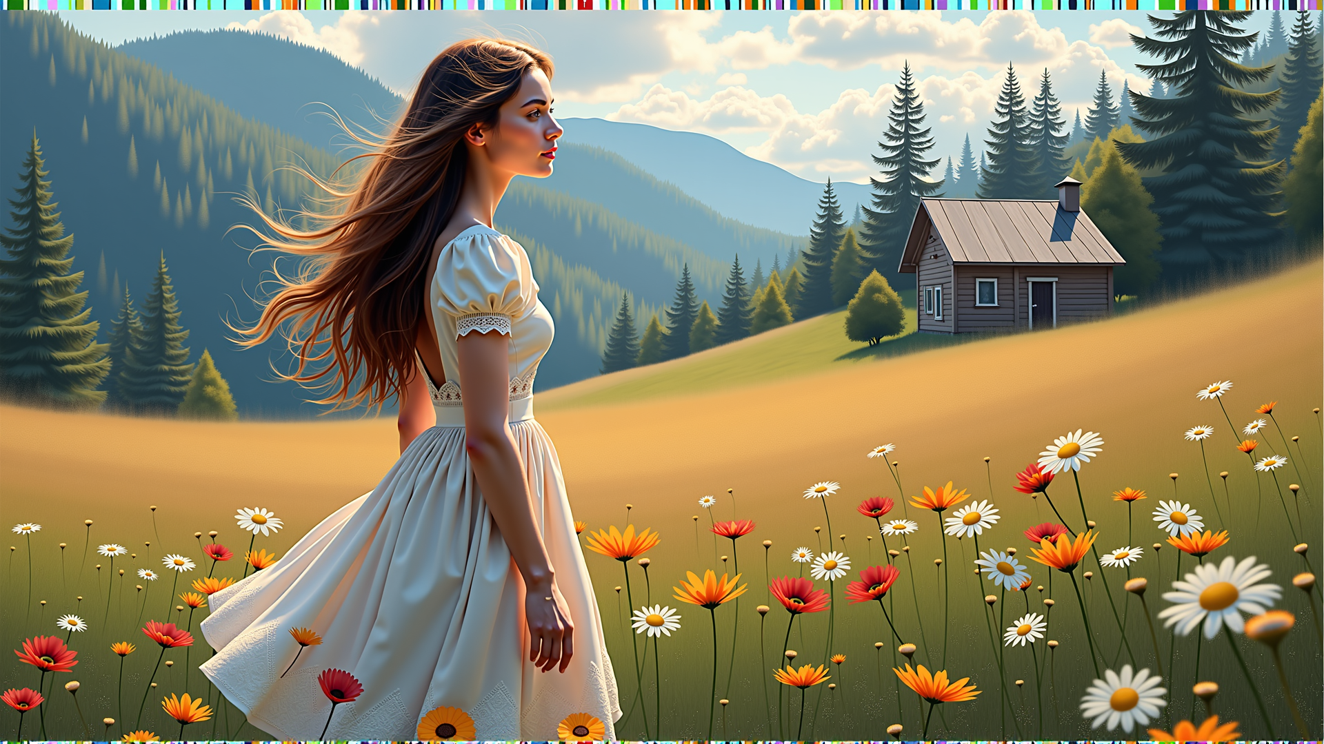 AI generated wallpaper featuring woman, flowers, house, mountains, trees