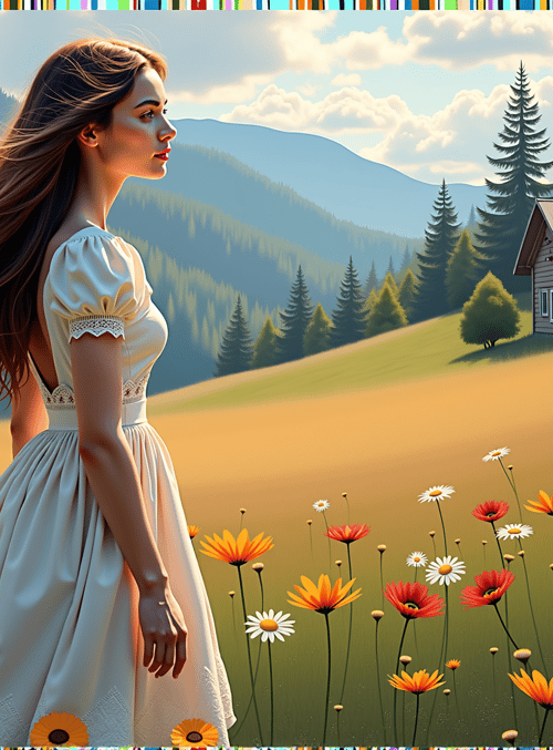 woman, flowers, house, mountains, trees