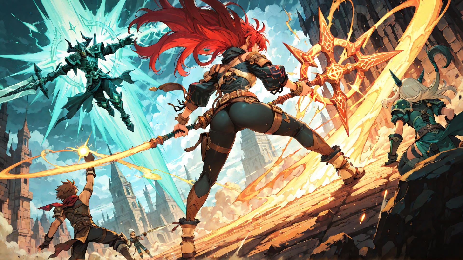 AI generated wallpaper featuring warrior, heroine, mage, elf, knight, sword, shield, castle, magic, arrow