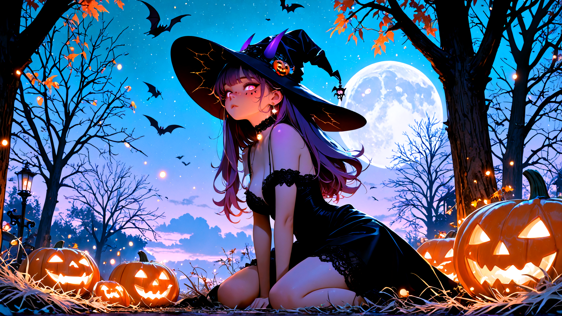 AI generated wallpaper featuring witch, pumpkin, bat, tree, moon, lantern, girl, costume, leaf, sparkle